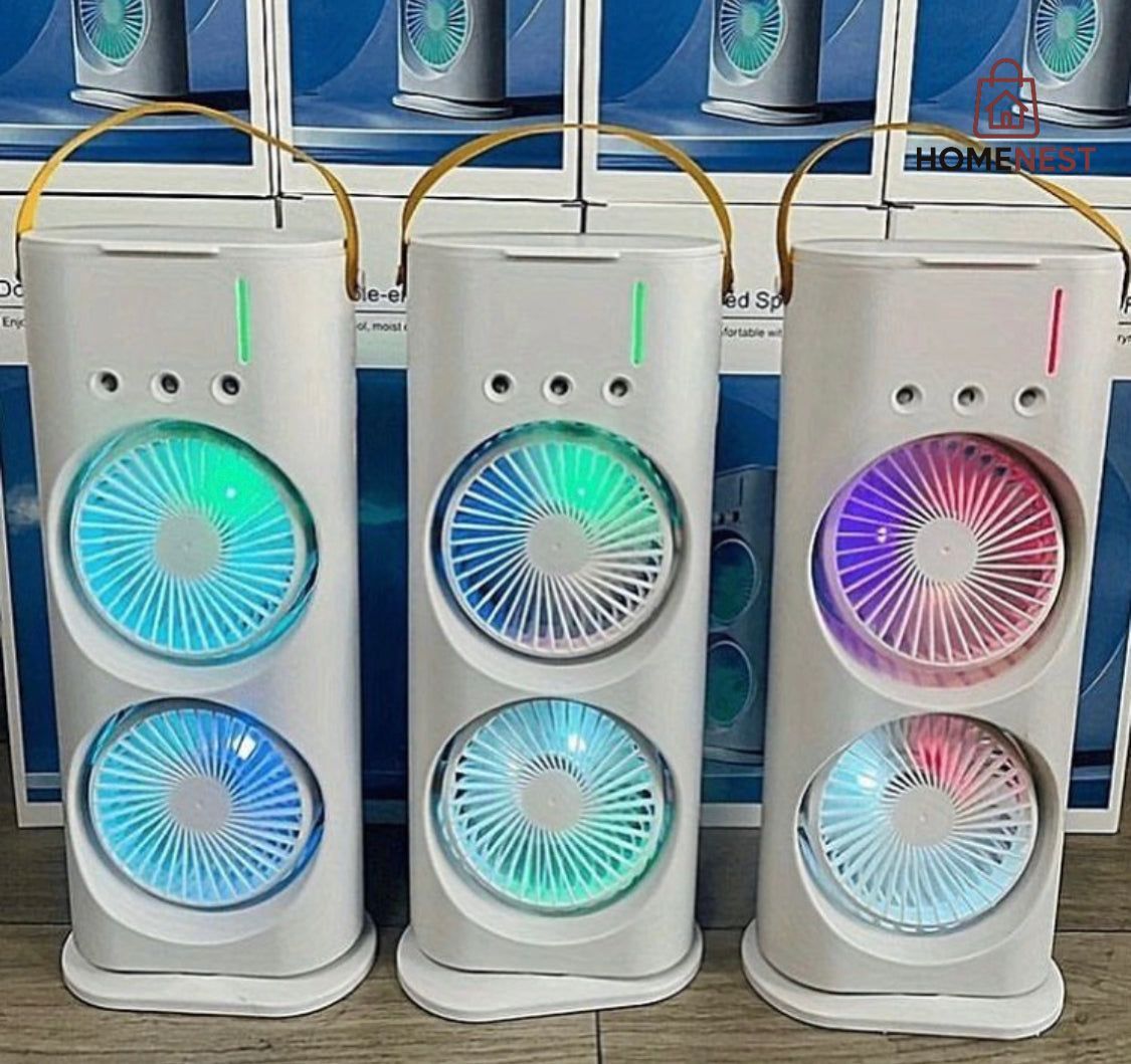 Rechargeable Rotating Spray Fan Automatic Rotating Dual Double Spray Mist Fan with Lightening Effects