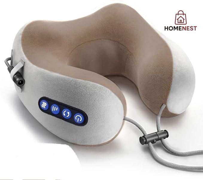 ELTERAZONE Electric Travel Neck Massage Pillow, U Shaped Memory Foam Kneading Vibration Neck Head Support Pillow, Relief Cervical Pain, For Airplane, Train, Car, Brown