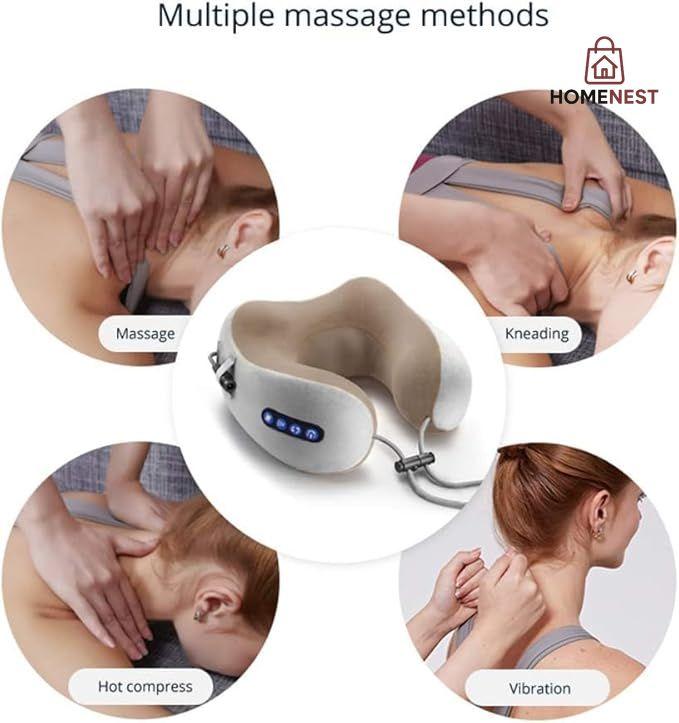 ELTERAZONE Electric Travel Neck Massage Pillow, U Shaped Memory Foam Kneading Vibration Neck Head Support Pillow, Relief Cervical Pain, For Airplane, Train, Car, Brown