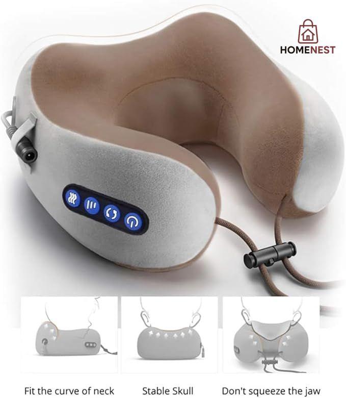 ELTERAZONE Electric Travel Neck Massage Pillow, U Shaped Memory Foam Kneading Vibration Neck Head Support Pillow, Relief Cervical Pain, For Airplane, Train, Car, Brown
