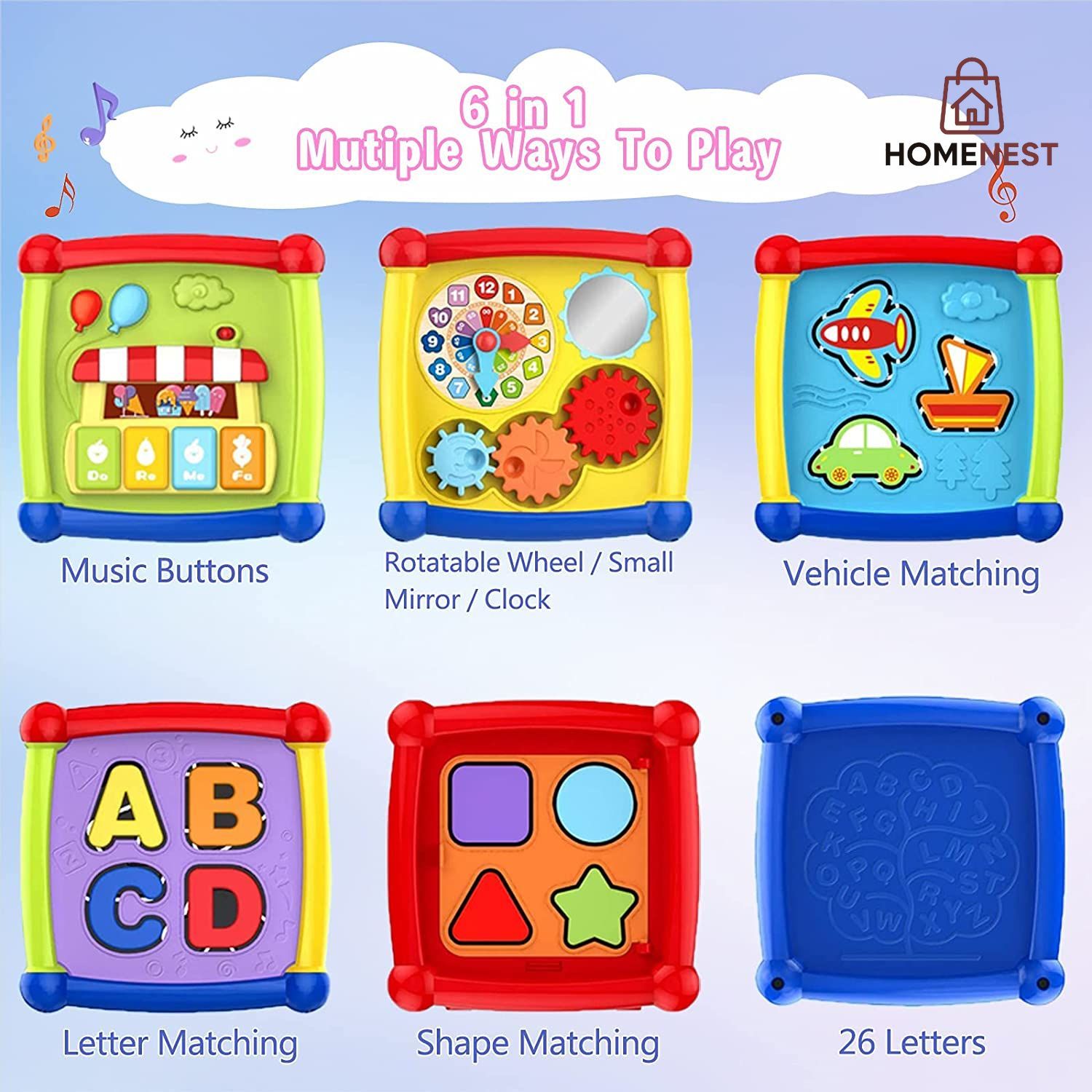 6 in 1 Musical Educational and Multiple Learning Activity Sorting Fancy Cube With Piano