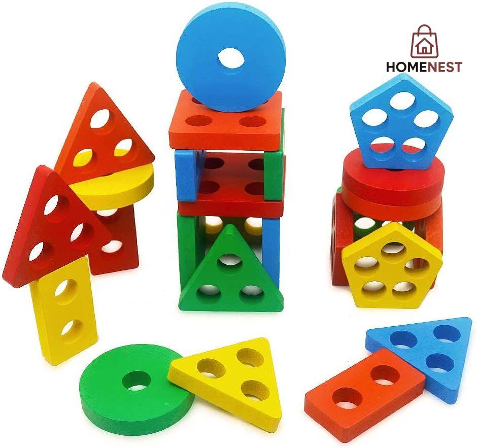 Geometrical Shape Sorting Block Puzzles Five Set Of Columns Wooden