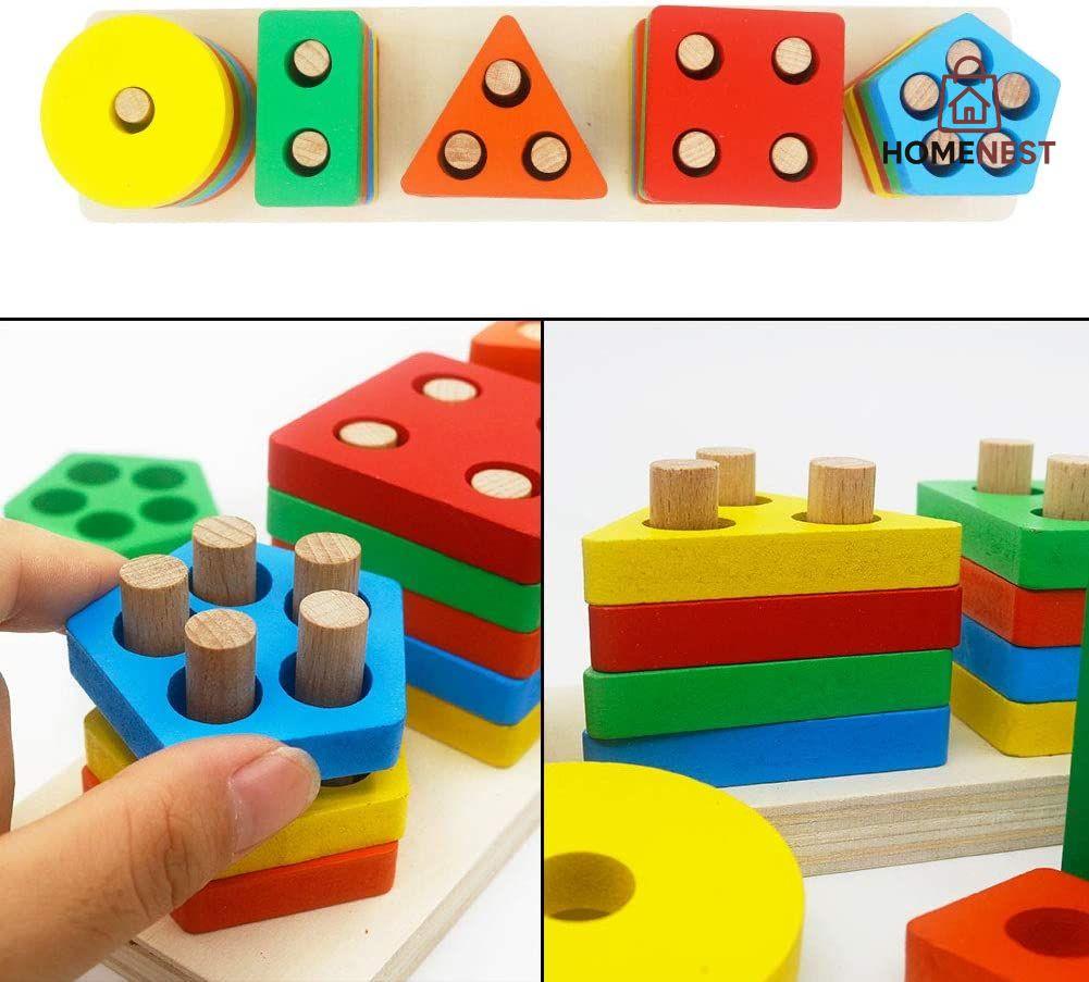 Geometrical Shape Sorting Block Puzzles Five Set Of Columns Wooden