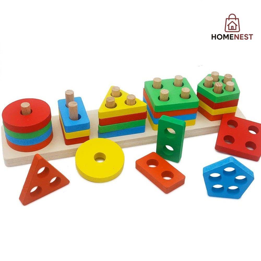 Geometrical Shape Sorting Block Puzzles Five Set Of Columns Wooden