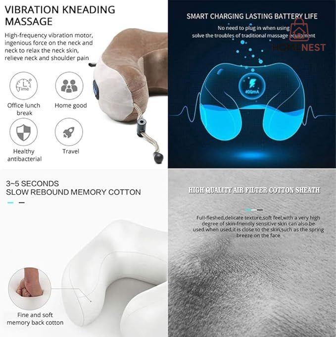 ELTERAZONE Electric Travel Neck Massage Pillow, U Shaped Memory Foam Kneading Vibration Neck Head Support Pillow, Relief Cervical Pain, For Airplane, Train, Car, Brown
