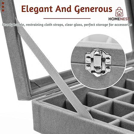 ewellery Box with 24 Compartments, Velvet Jewellery Box with Glass Lid
