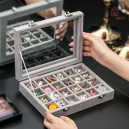 ewellery Box with 24 Compartments, Velvet Jewellery Box with Glass Lid
