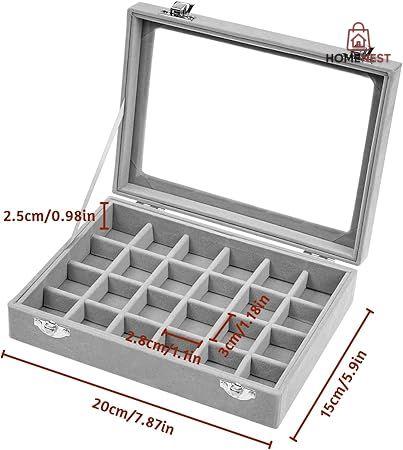 ewellery Box with 24 Compartments, Velvet Jewellery Box with Glass Lid