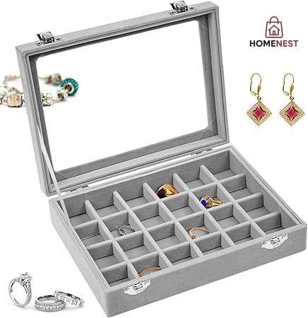 ewellery Box with 24 Compartments, Velvet Jewellery Box with Glass Lid