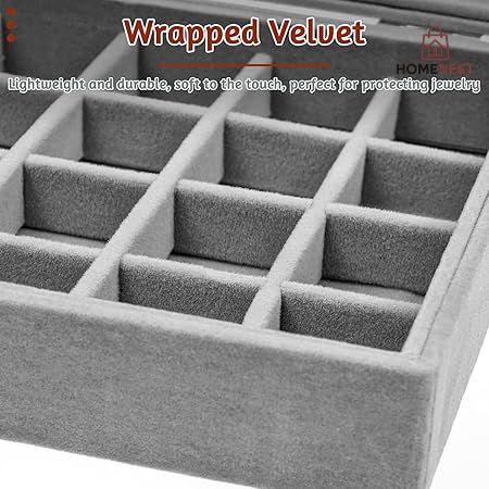 ewellery Box with 24 Compartments, Velvet Jewellery Box with Glass Lid