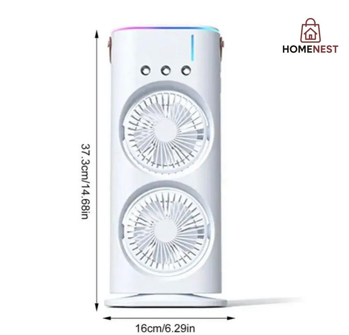 Rechargeable Rotating Spray Fan Automatic Rotating Dual Double Spray Mist Fan with Lightening Effects