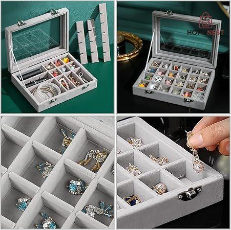ewellery Box with 24 Compartments, Velvet Jewellery Box with Glass Lid