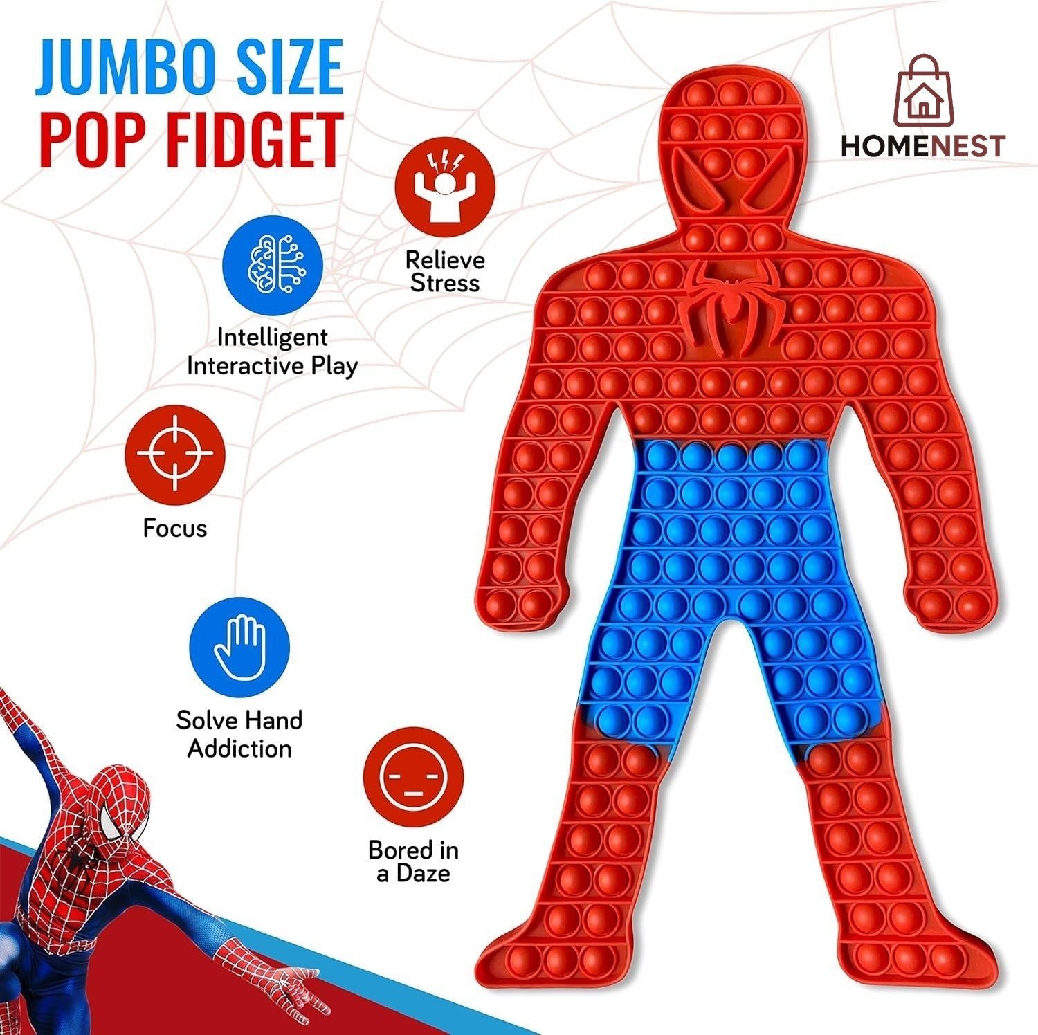 Extra Large Pop it, Giant Popits, Sensory Push Toy, Jumbo 146 Bubbles, 19.5 Inch Red Superhero Man, Huge Spider Poppers, Anxiety Stress Relief