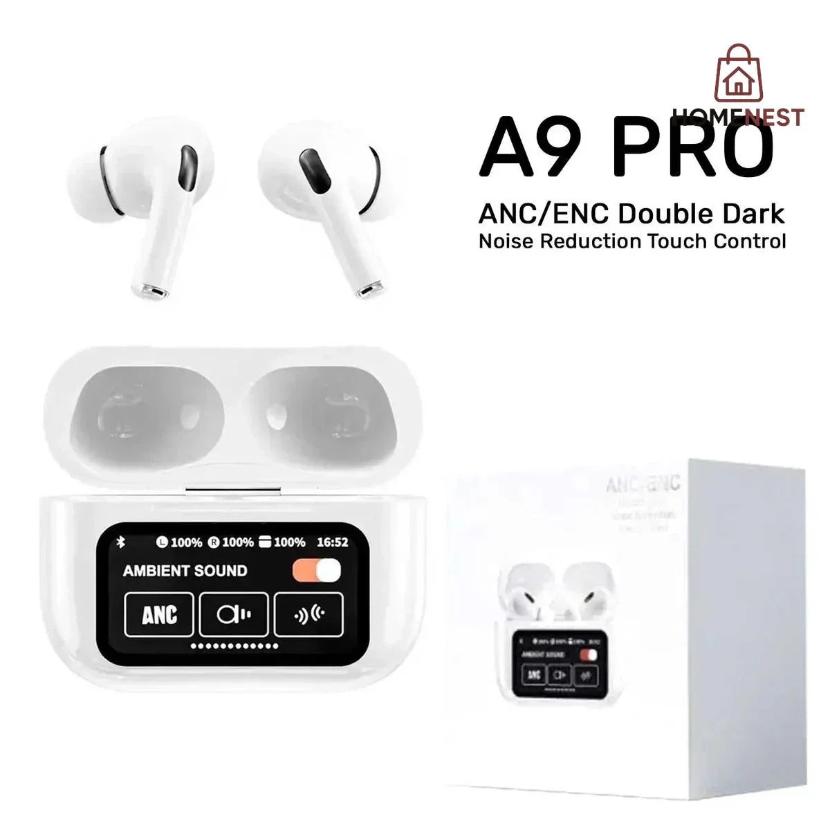 White A9 Pro Airpods  ANC/ENC Touch Screen Display Wireless Earbuds