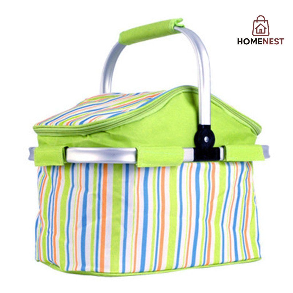 Foldable Camping Insulated Picnic Bag Strips Design (Green)