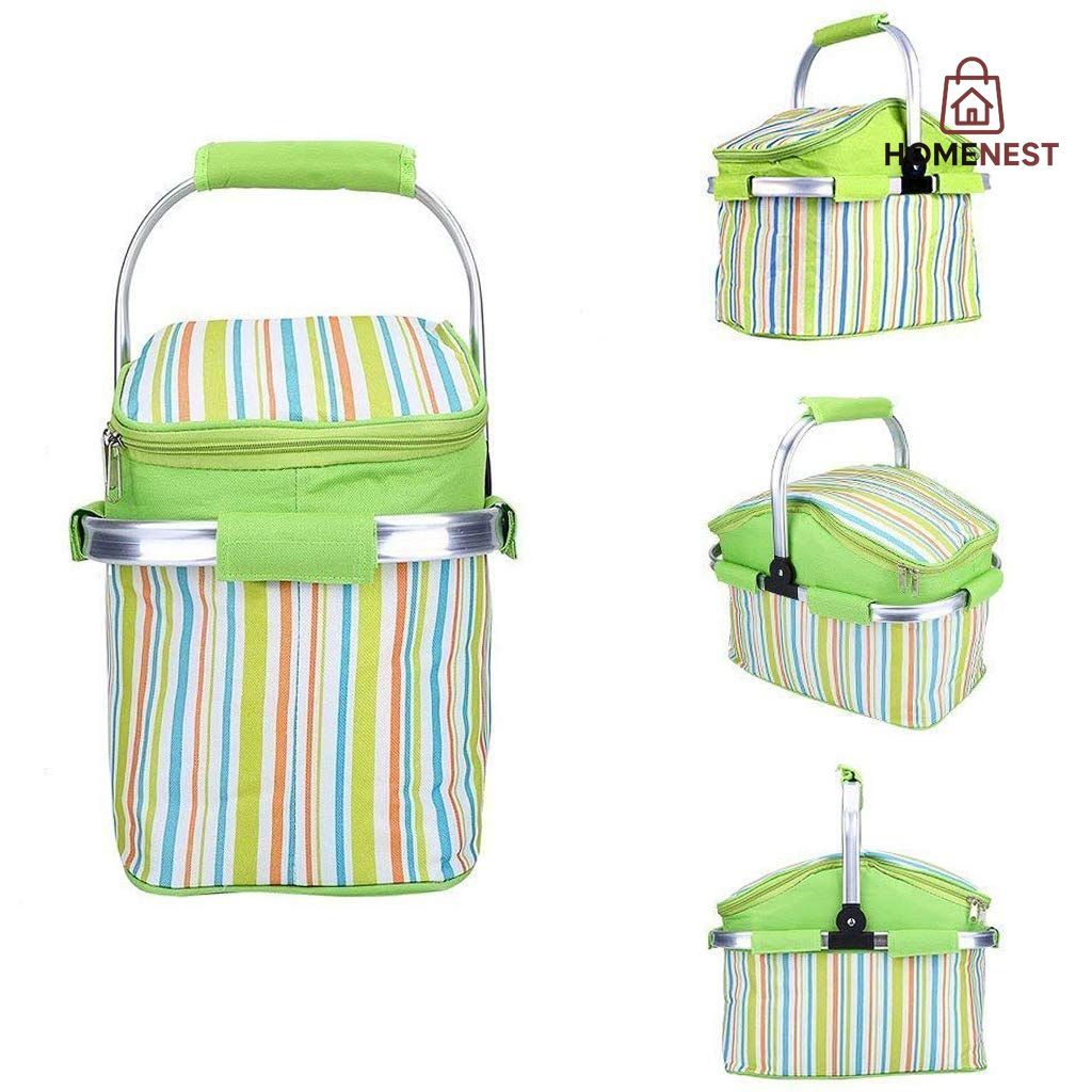 Foldable Camping Insulated Picnic Bag Strips Design (Green)