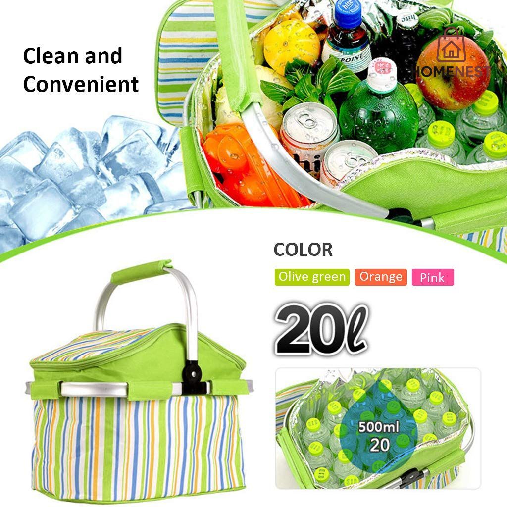 Foldable Camping Insulated Picnic Bag Strips Design (Green)
