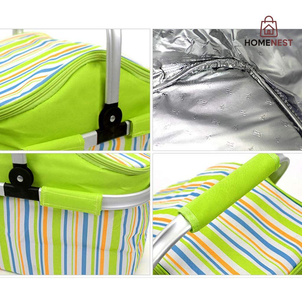 Foldable Camping Insulated Picnic Bag Strips Design (Green)