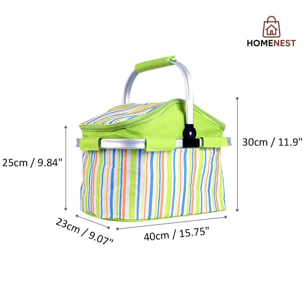 Foldable Camping Insulated Picnic Bag Strips Design (Green)