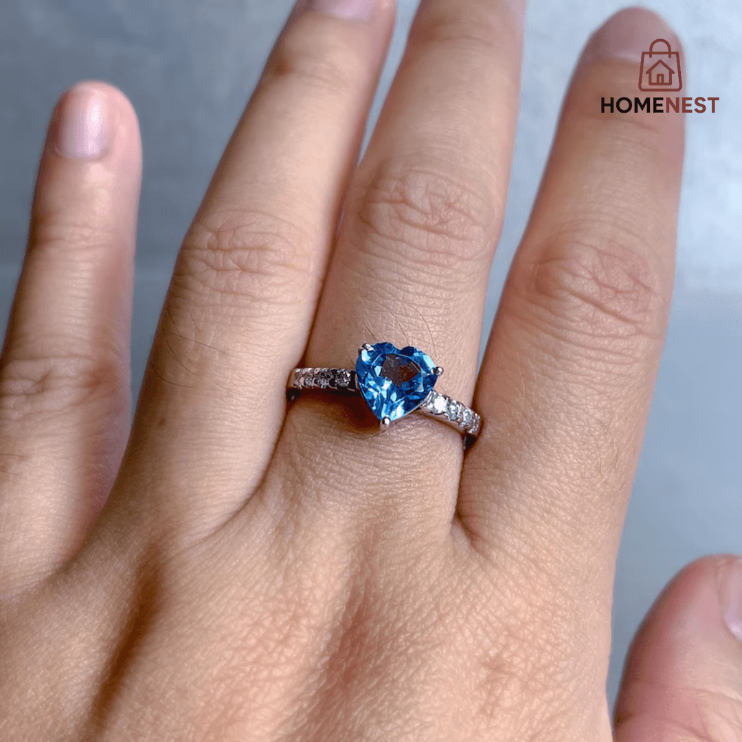 925 Blue Topaz Heart Ring (100% Pure Chandi )