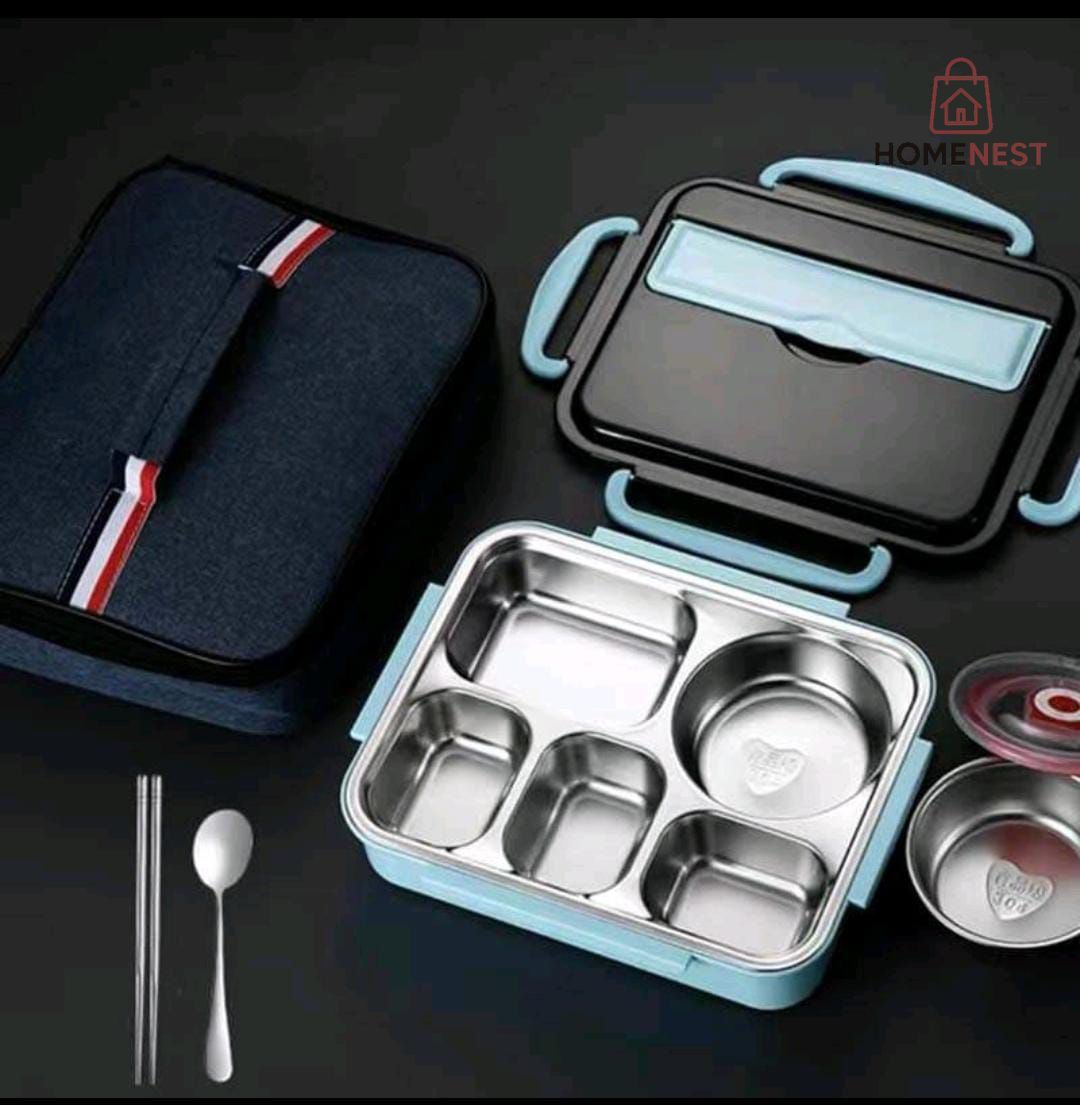 Leak-Resistant Stainless Steel lunch box with 5 compartments  With spoon and sticks