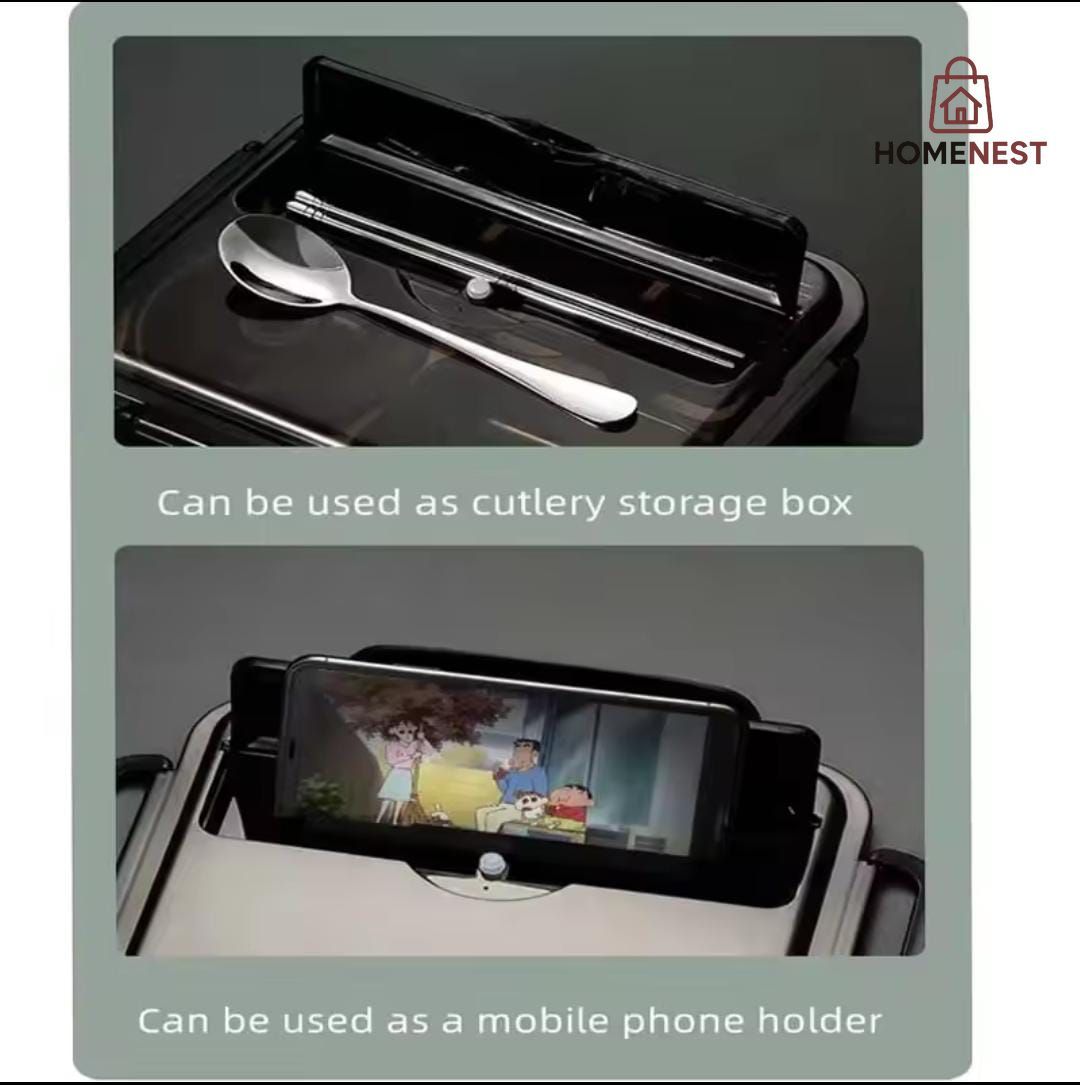 Leak-Resistant Stainless Steel lunch box with 5 compartments  With spoon and sticks
