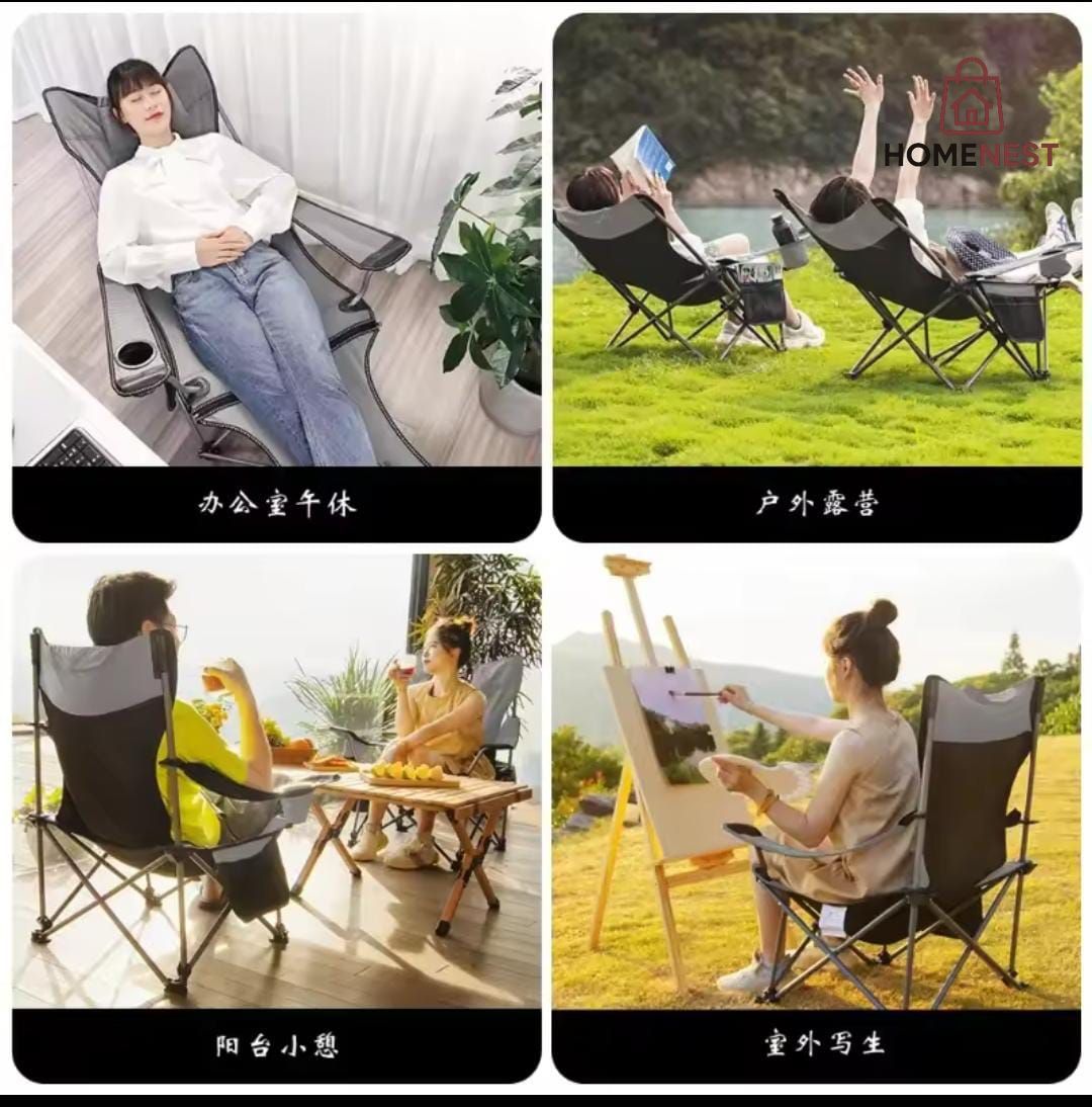 Foldable reclining Chair with foot pedal ,glass holder,side pouch ,head rest