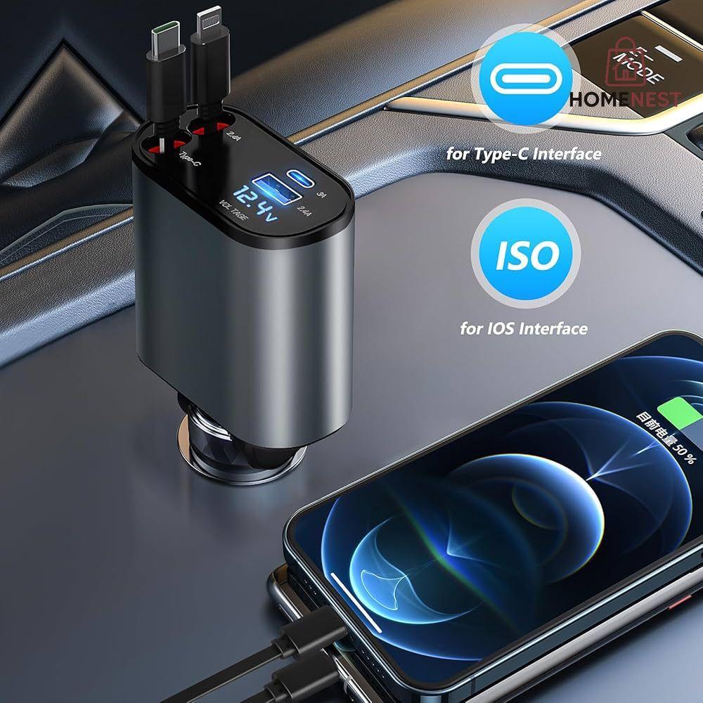 Car Charger Retractable 120W 4-in-1 Phone Charger 2.6m Fast Charging