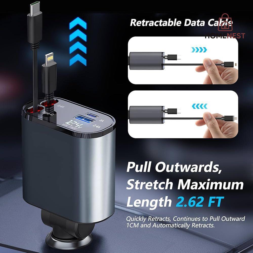 Car Charger Retractable 120W 4-in-1 Phone Charger 2.6m Fast Charging