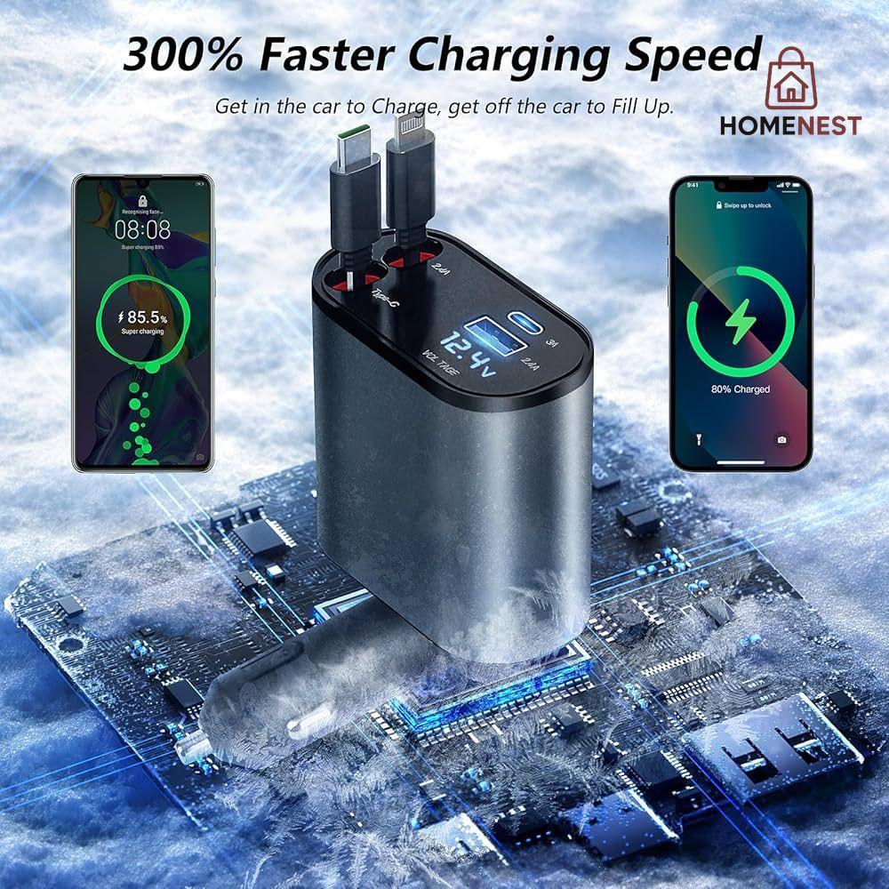 Car Charger Retractable 120W 4-in-1 Phone Charger 2.6m Fast Charging