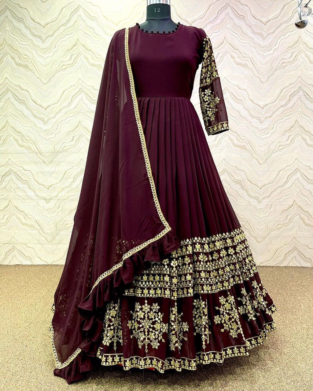 Embroidered Silk Long Maxi Dress 3 Piece Suit for Women – Lace Dupatta & Trouser