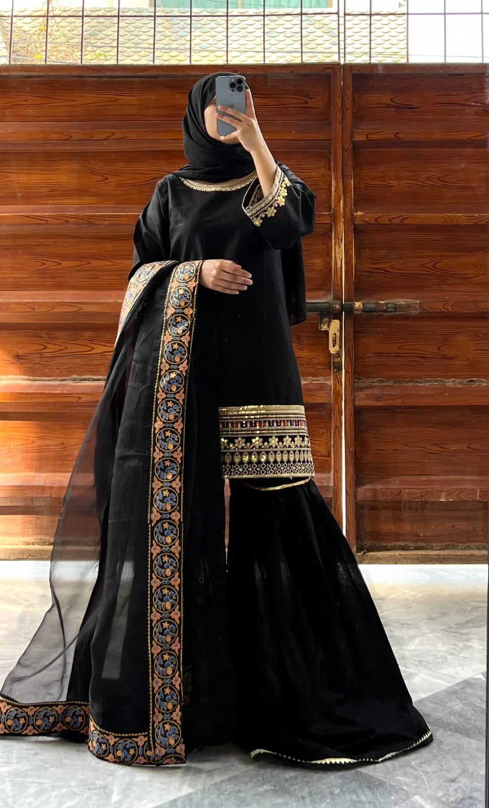 Shamose Silk 3 Piece Garara Suit – Zari Embroidered Short Shirt with Lace Garara & Organza Dupatta
