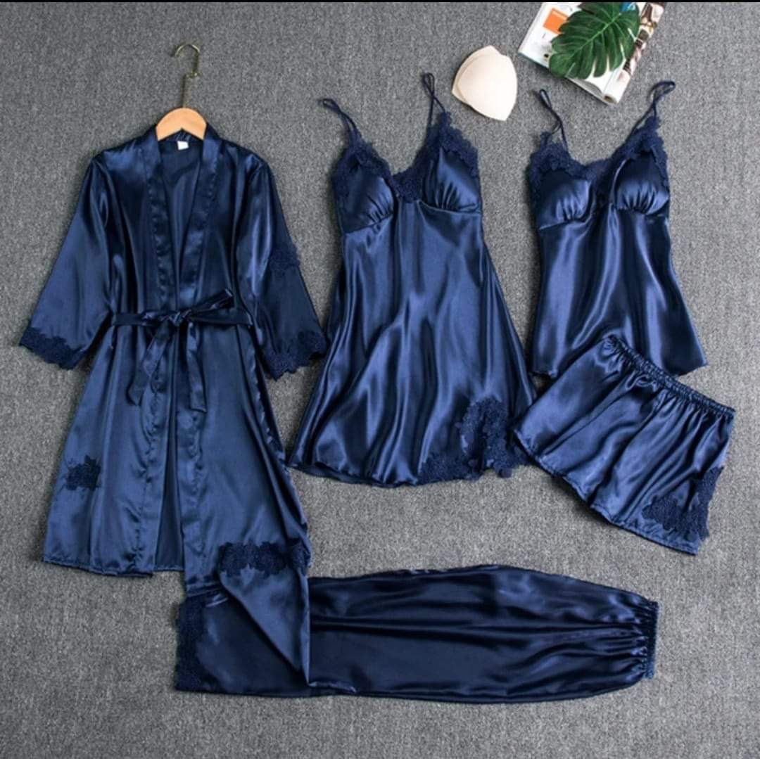 Premium 5 Piece Silk Jersey Knit Nightwear Set for Women