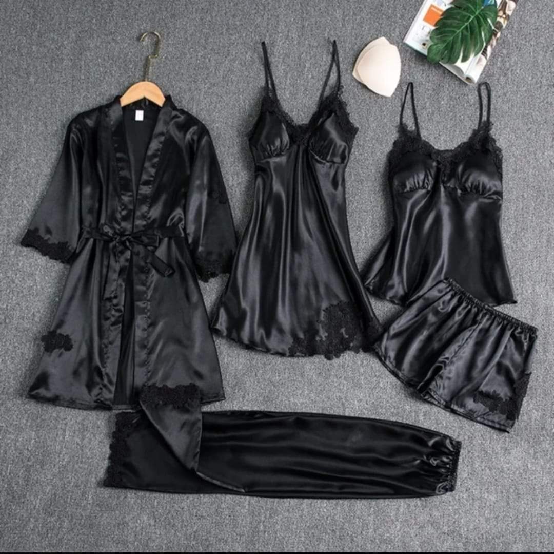 Premium 5 Piece Silk Jersey Knit Nightwear Set for Women