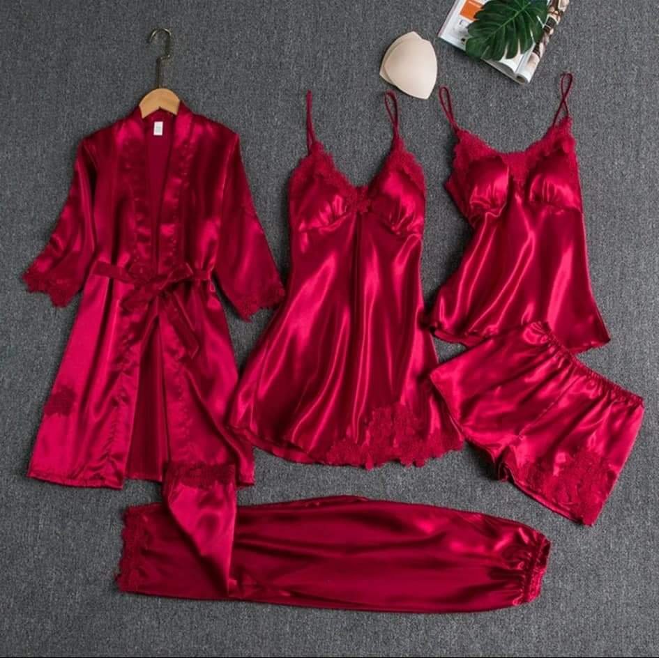 Premium 5 Piece Silk Jersey Knit Nightwear Set for Women