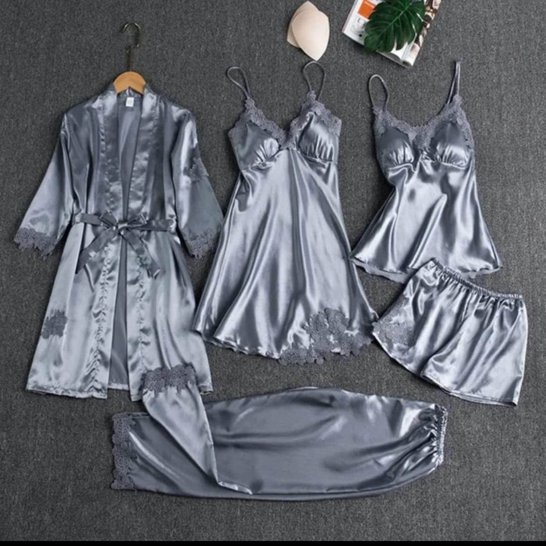 Premium 5 Piece Silk Jersey Knit Nightwear Set for Women