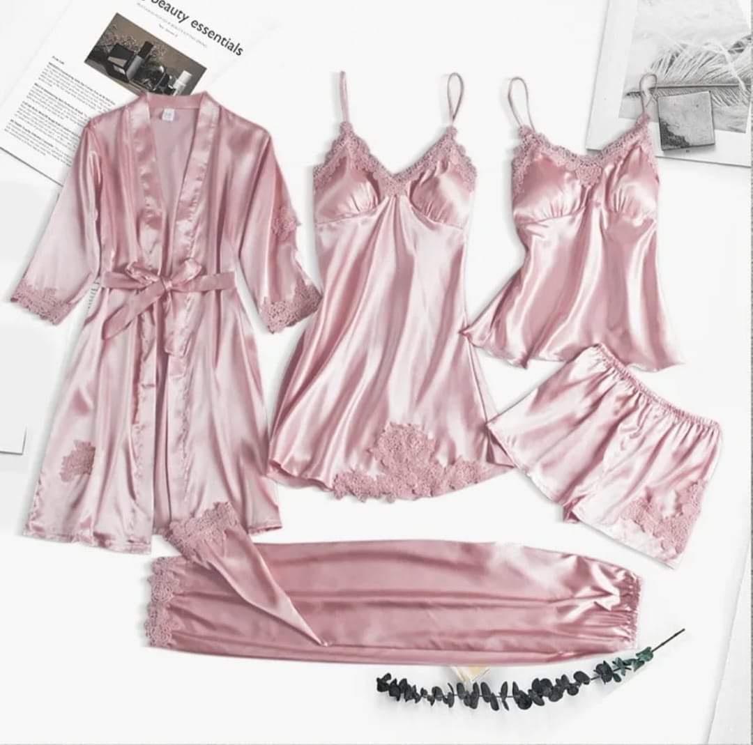 Premium 5 Piece Silk Jersey Knit Nightwear Set for Women