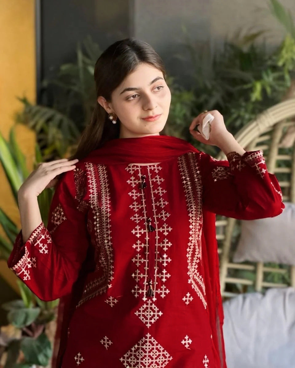 Mina Eid Arrival 3 Piece Bareeza Cotton Suit – Heavy Sequence Embroidered