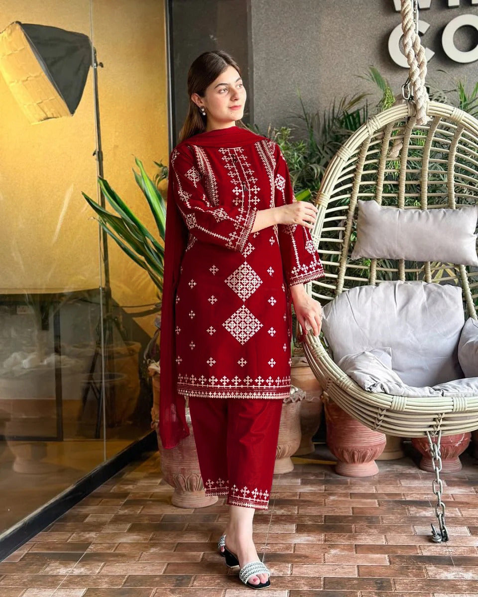 Mina Eid Arrival 3 Piece Bareeza Cotton Suit – Heavy Sequence Embroidered