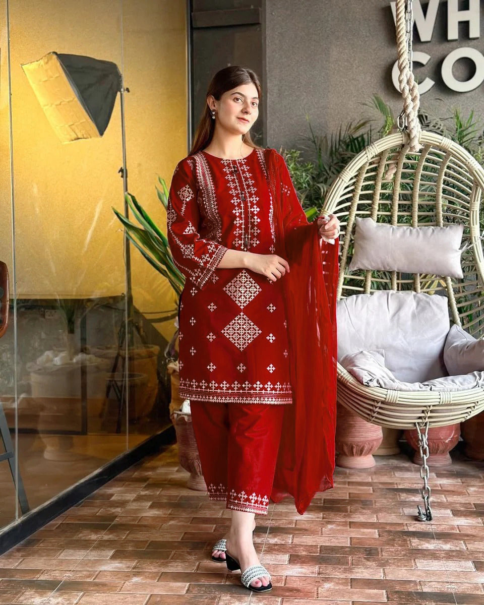 Mina Eid Arrival 3 Piece Bareeza Cotton Suit – Heavy Sequence Embroidered