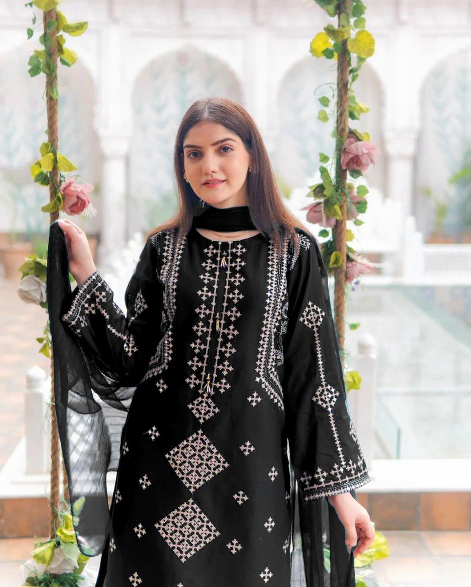 Mina Eid Arrival 3 Piece Bareeza Cotton Suit – Heavy Sequence Embroidered