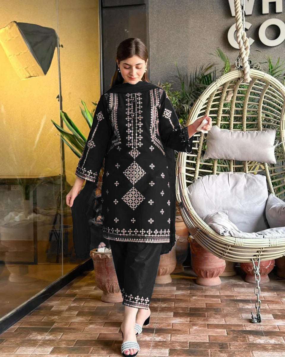 Mina Eid Arrival 3 Piece Bareeza Cotton Suit – Heavy Sequence Embroidered