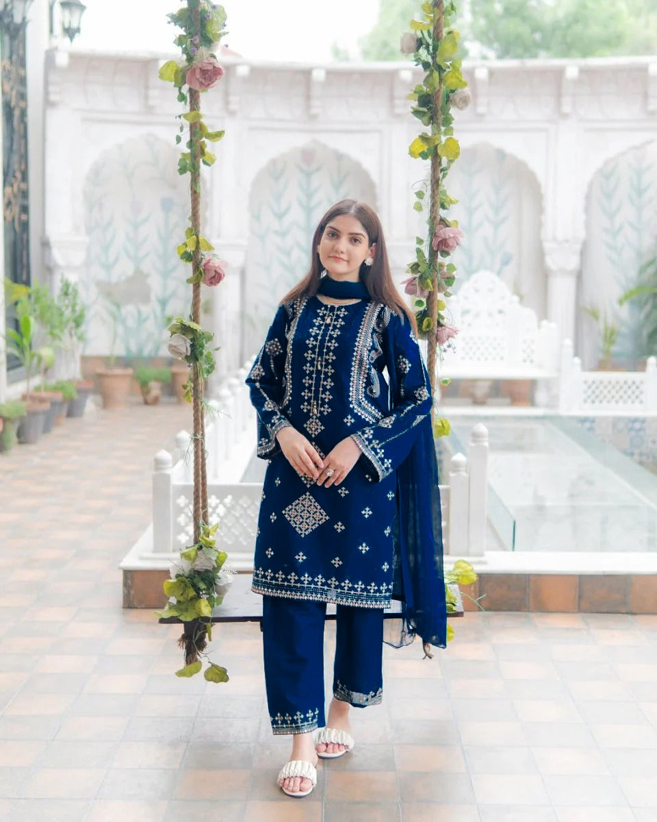 Mina Eid Arrival 3 Piece Bareeza Cotton Suit – Heavy Sequence Embroidered