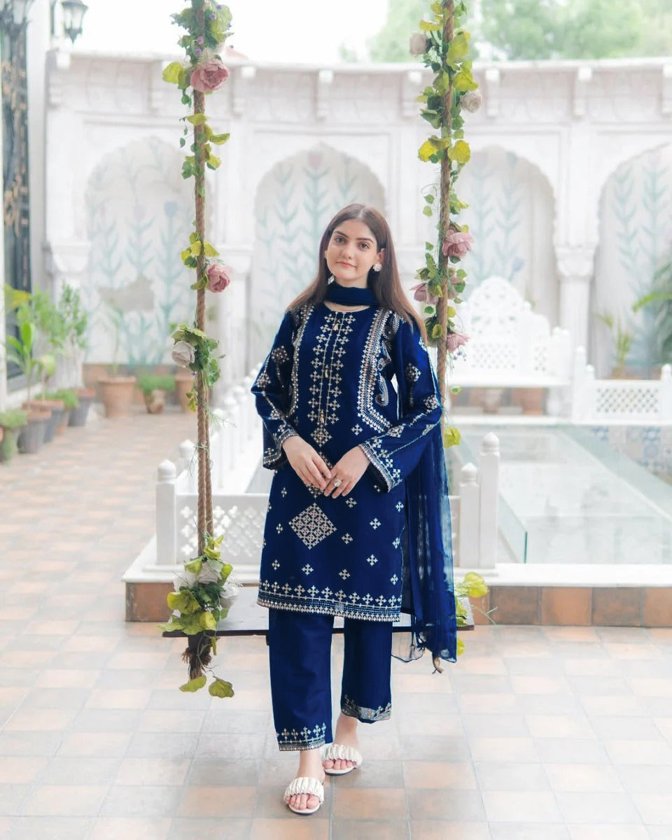 Mina Eid Arrival 3 Piece Bareeza Cotton Suit – Heavy Sequence Embroidered