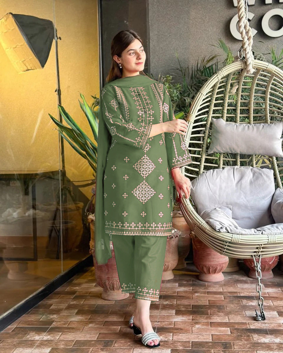Mina Eid Arrival 3 Piece Bareeza Cotton Suit – Heavy Sequence Embroidered
