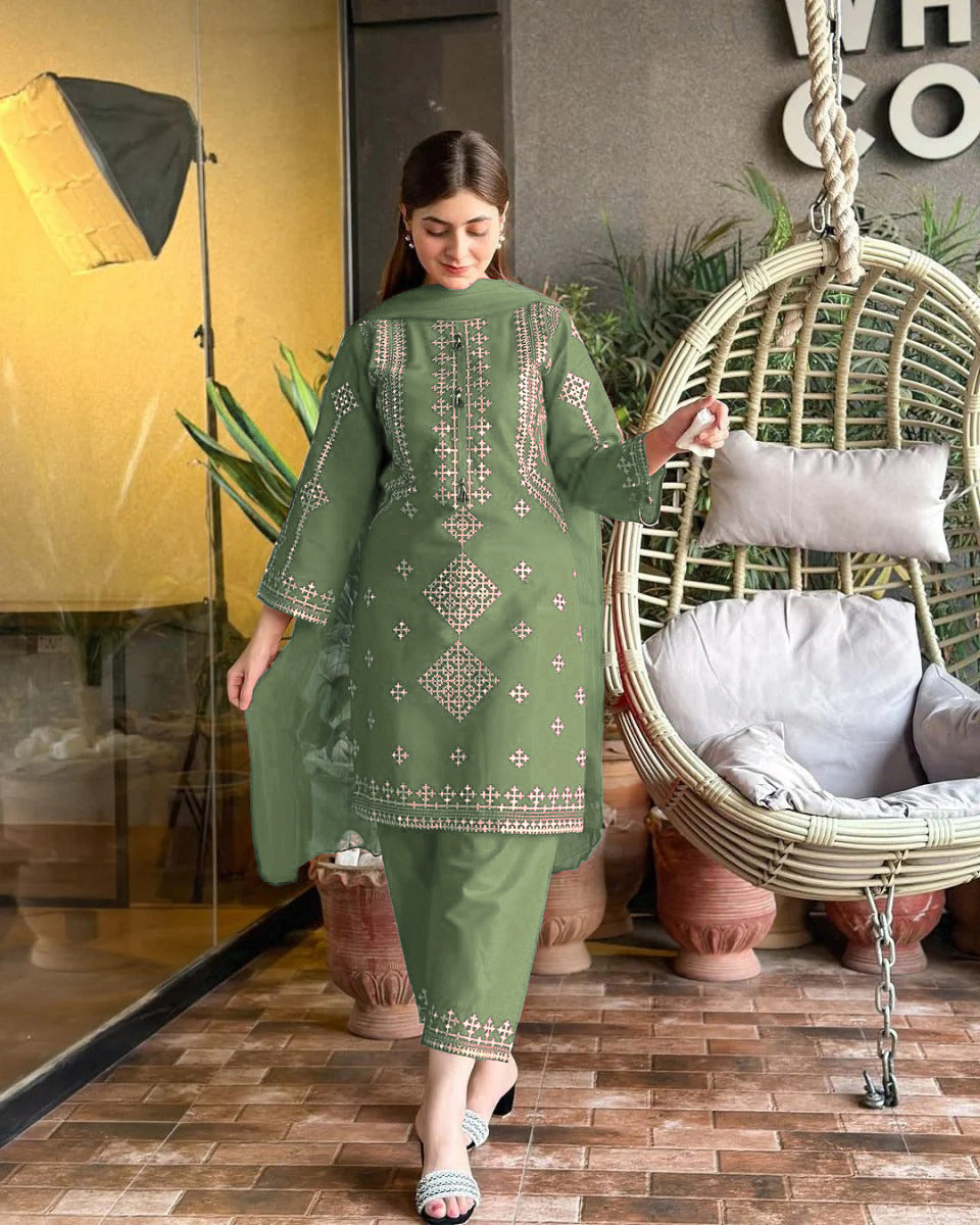 Mina Eid Arrival 3 Piece Bareeza Cotton Suit – Heavy Sequence Embroidered