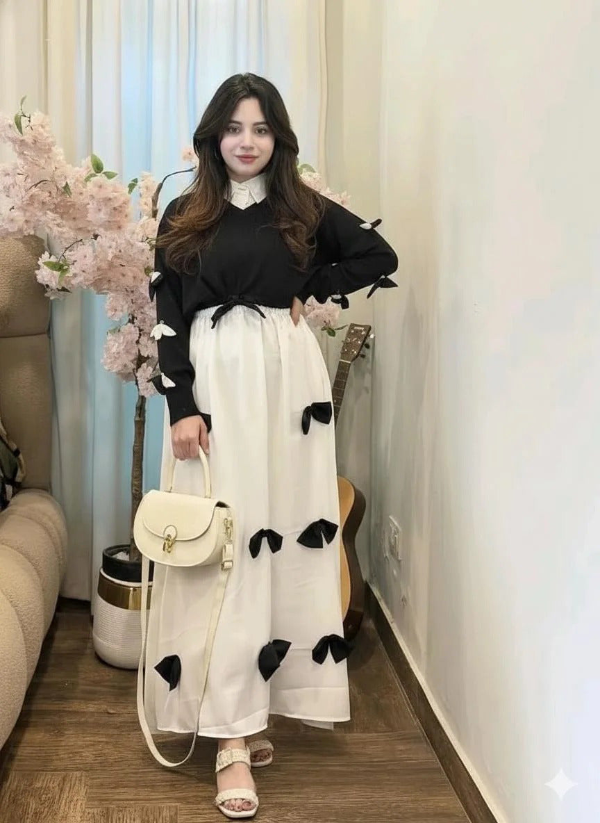 Premium Georgette 2 Piece Maxi – V Neck Bow Top with Contrast Bow Flare Maxi