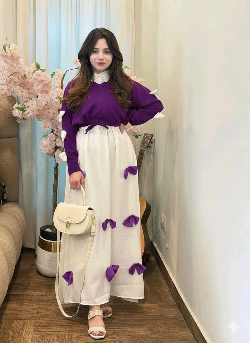 Premium Georgette 2 Piece Maxi – V Neck Bow Top with Contrast Bow Flare Maxi