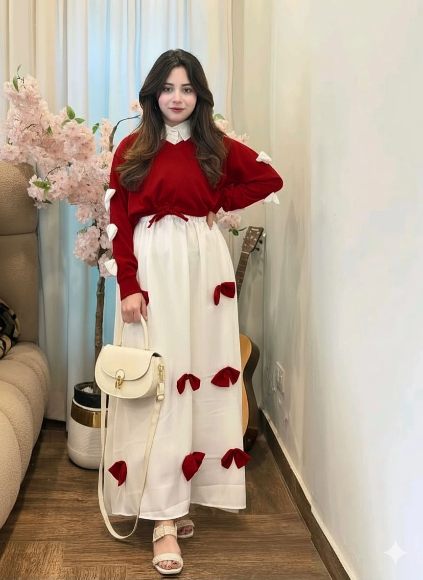 Premium Georgette 2 Piece Maxi – V Neck Bow Top with Contrast Bow Flare Maxi