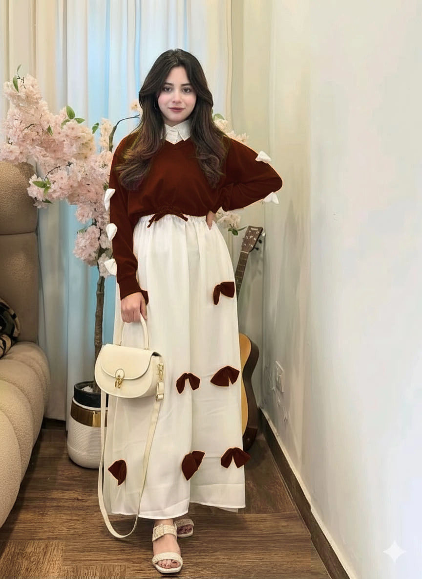 Premium Georgette 2 Piece Maxi – V Neck Bow Top with Contrast Bow Flare Maxi